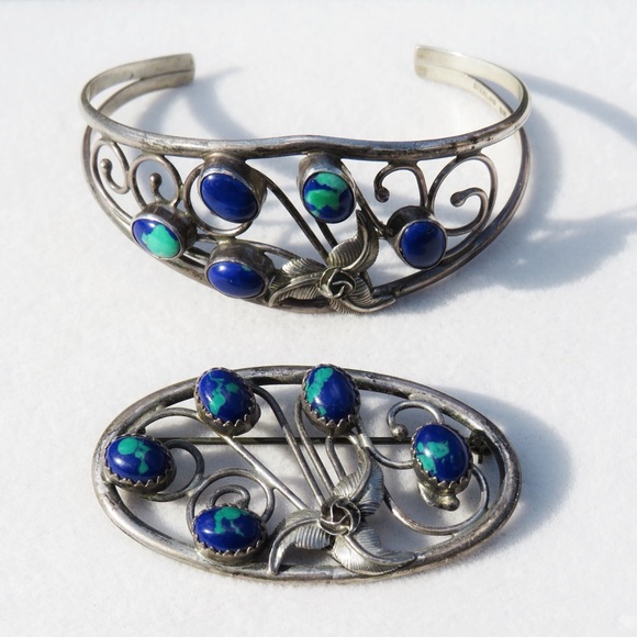 Native Jewelry - Signed Navajo Azurite Cuff Bracelet & Brooch Shirley Henry